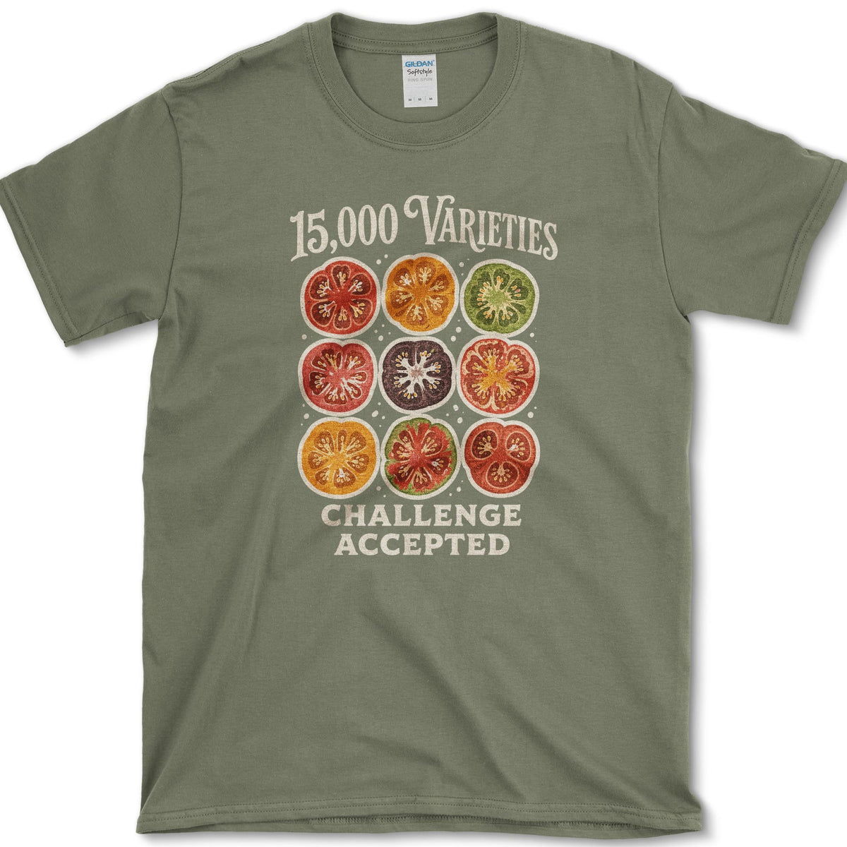 Nine colorful heirloom tomato cross-sections between 15,000 Varieties and Challenge Accepted lettering