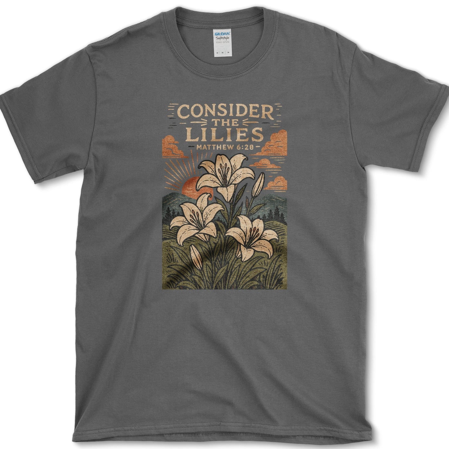 Consider The Lilies artwork featuring lily and Matthew 6:28 on a T-shirt
