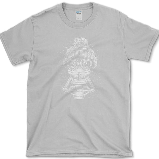 Pumpkin Spice Frog artwork featuring frog and pumpkin spice drink on a T-shirt