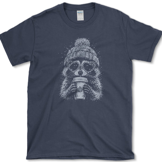 Pumpkin Spice Raccoon artwork featuring raccoon and pumpkin spice drink on a T-shirt