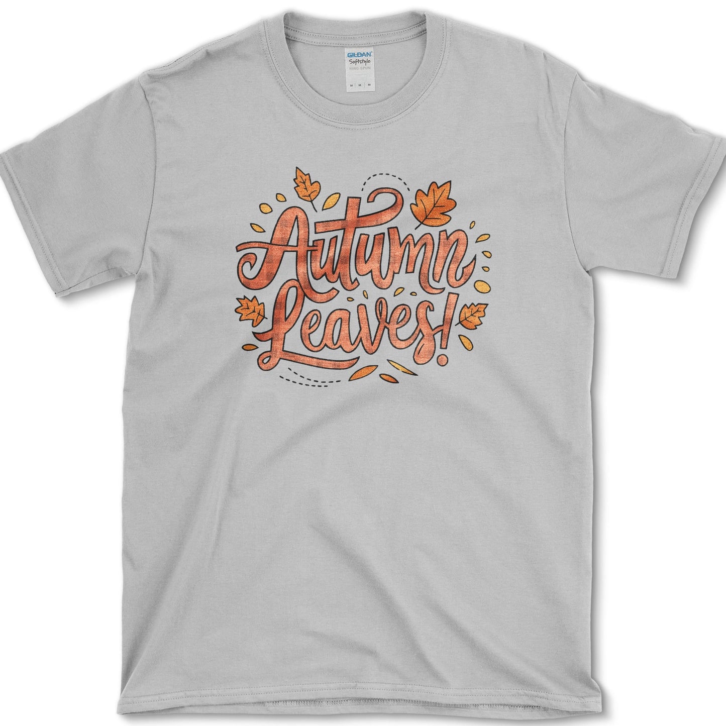 Autumn Leaves artwork featuring autumn leaves and fall lettering on a T-shirt