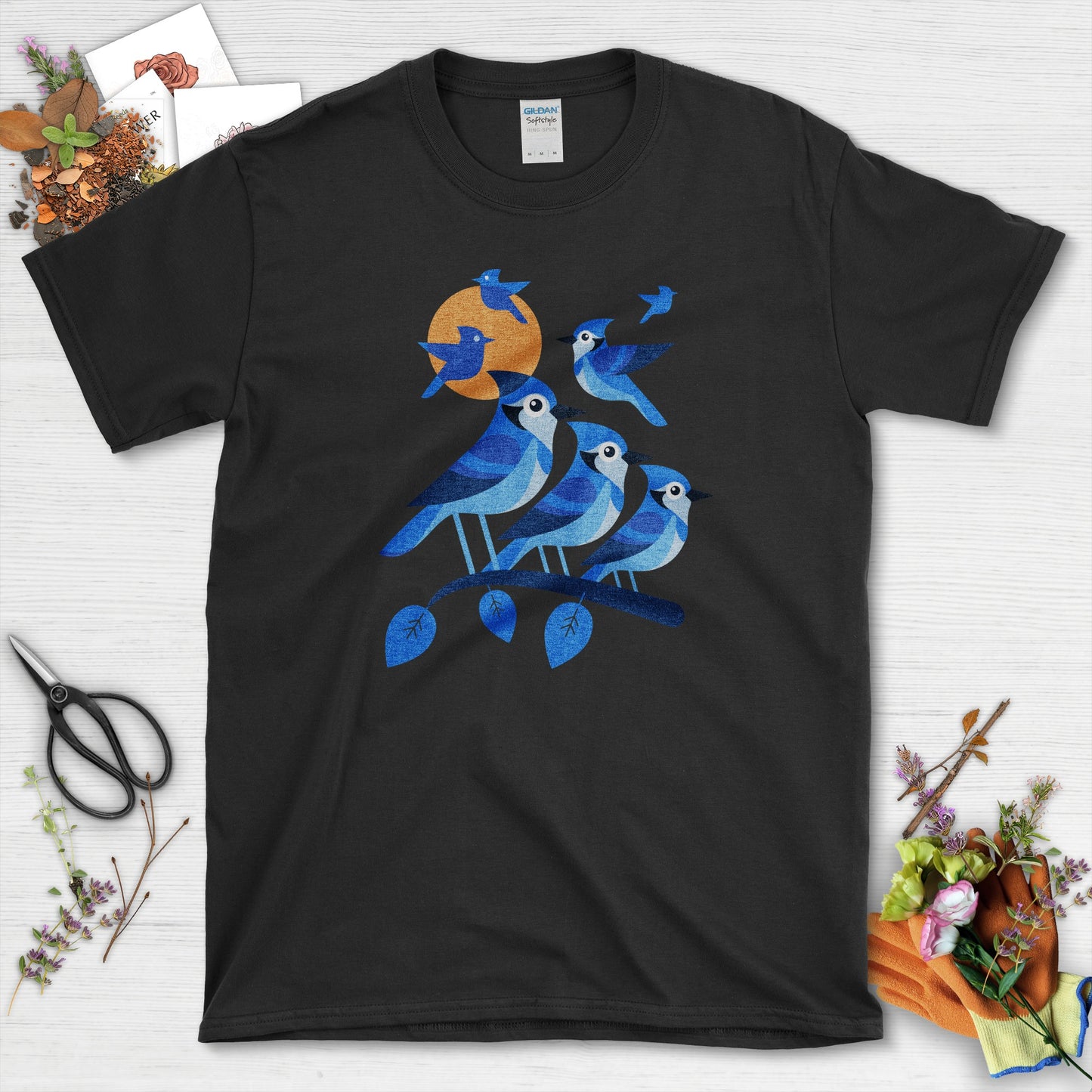 Blue Birds and Orange Sun Graphic Design T-Shirt product type