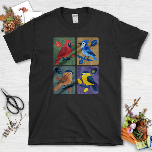 Backyard Quartet Bird Art T-Shirt T-Shirts / S / Black Physical Item