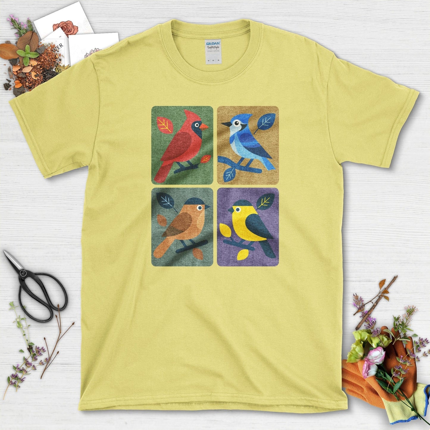 Backyard Quartet Bird Art T-Shirt T-Shirts / S / Cornsilk Physical Item