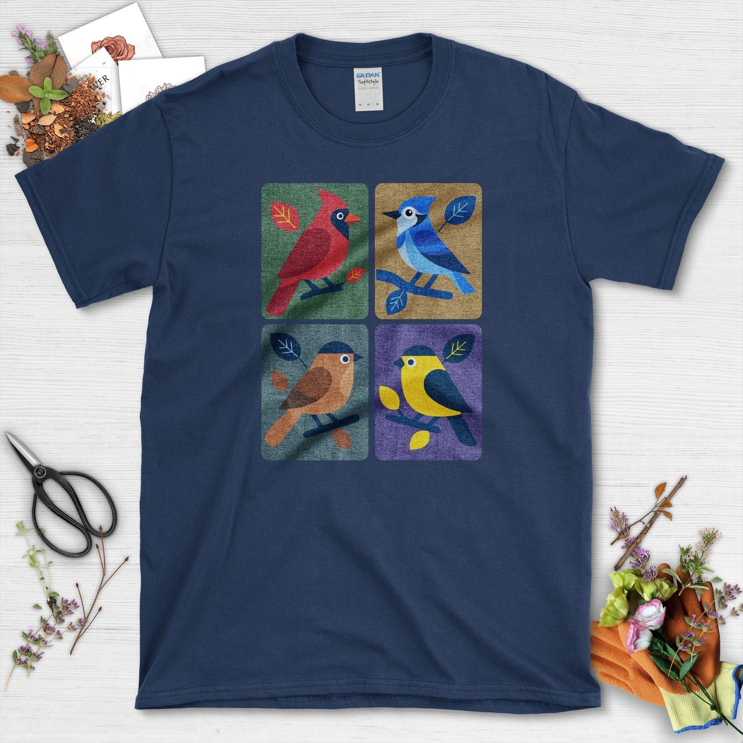 Backyard Quartet Bird Art T-Shirt T-Shirts / S / Navy Physical Item
