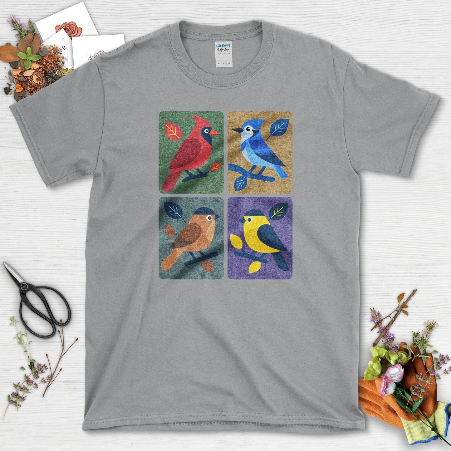 Backyard Quartet Bird Art T-Shirt T-Shirts / S / Sport Grey Physical Item