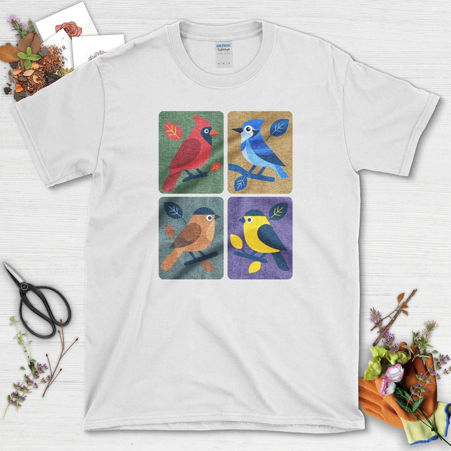 Backyard Quartet Bird Art T-Shirt T-Shirts / S / White Physical Item