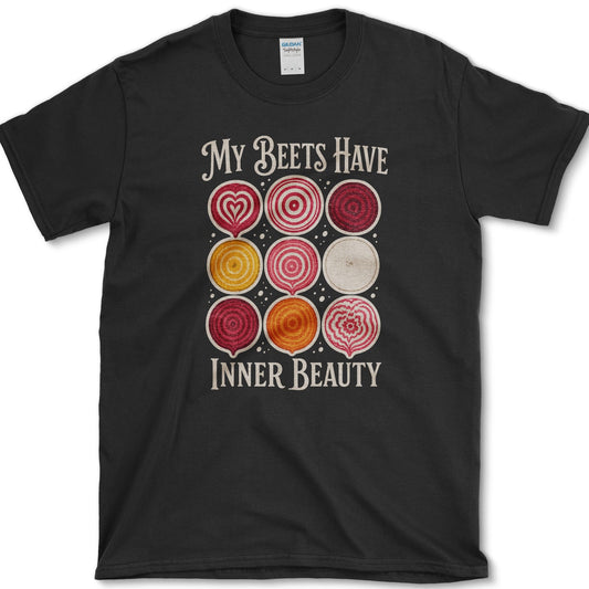 Nine red, gold, pink, and cream beet cross-sections with My Beets Have Inner Beauty lettering