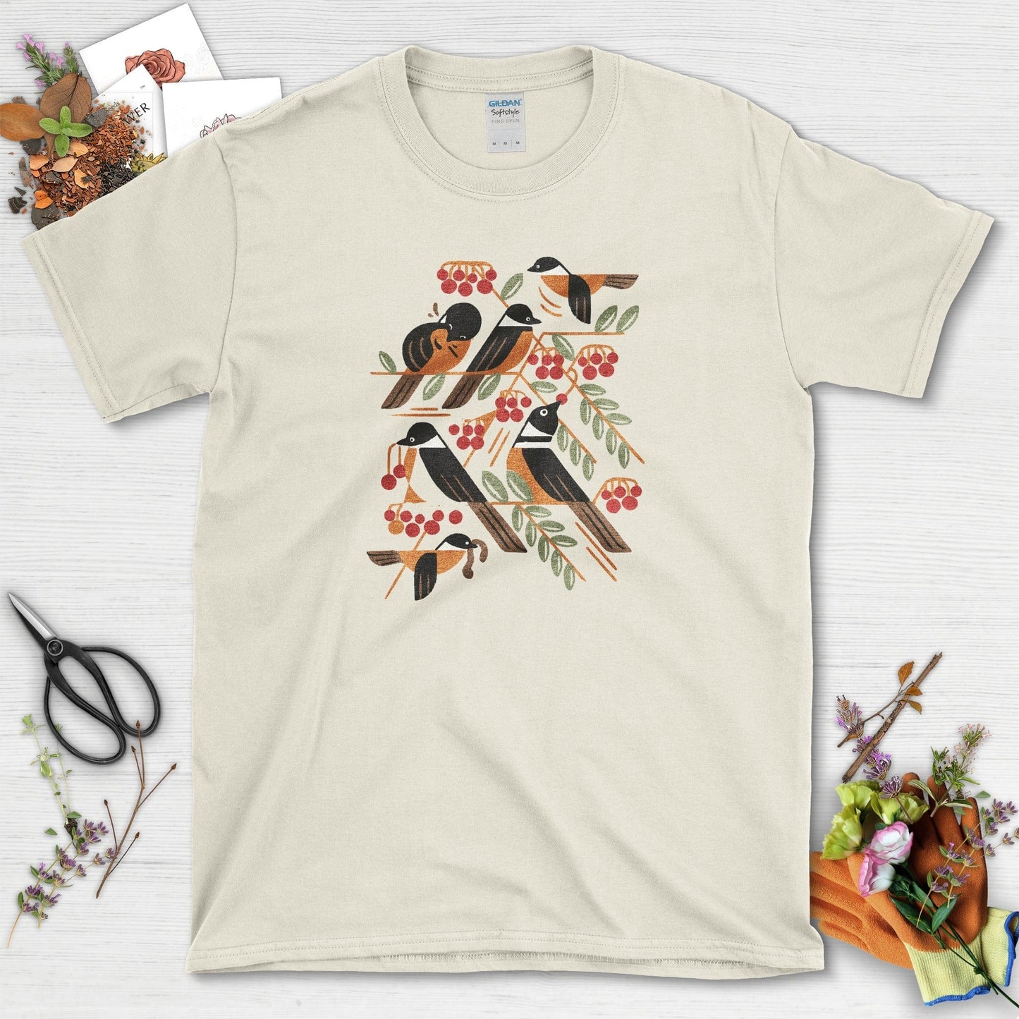 Bird Branch Red Berries T-Shirt T-Shirts / S / Natural Physical Item