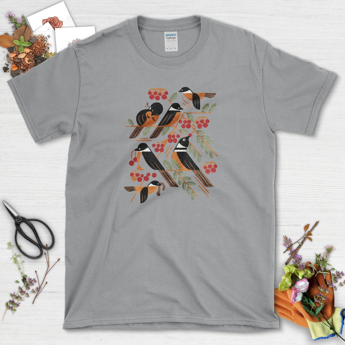 Bird Branch Red Berries T-Shirt T-Shirts / S / Sport Grey Physical Item
