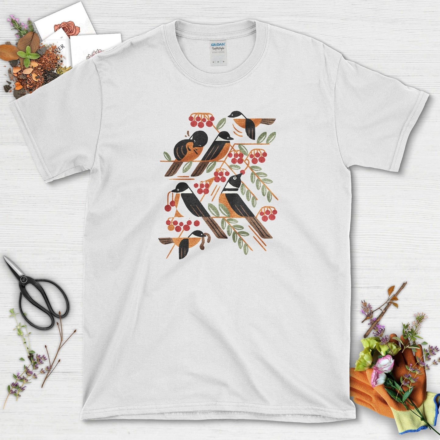 Bird Branch Red Berries T-Shirt T-Shirts / S / White Physical Item