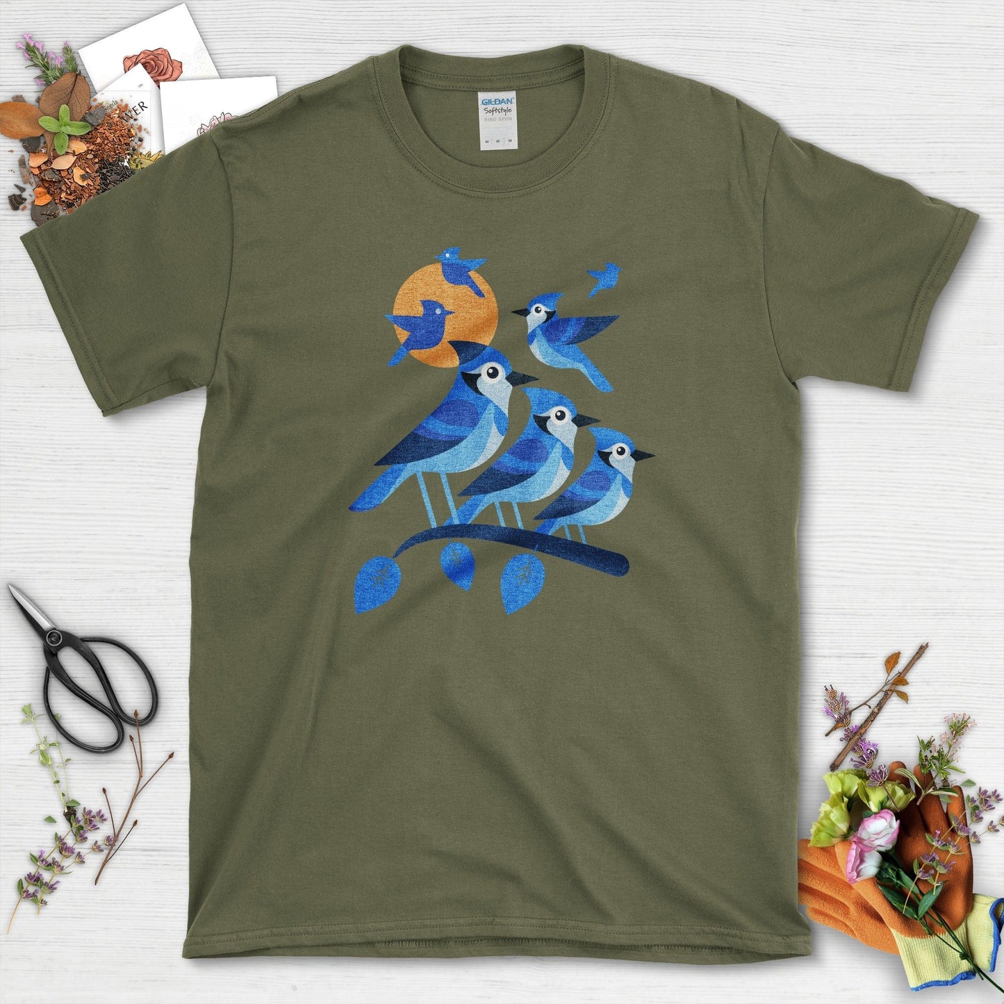 Blue Jay Silhouette Bird T-Shirt Military Green / S T-Shirt