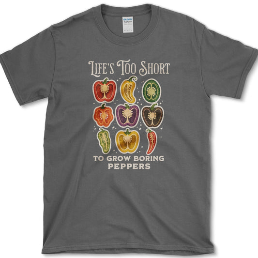 Nine colorful sliced bell peppers beneath Life's Too Short to Grow Boring Peppers lettering