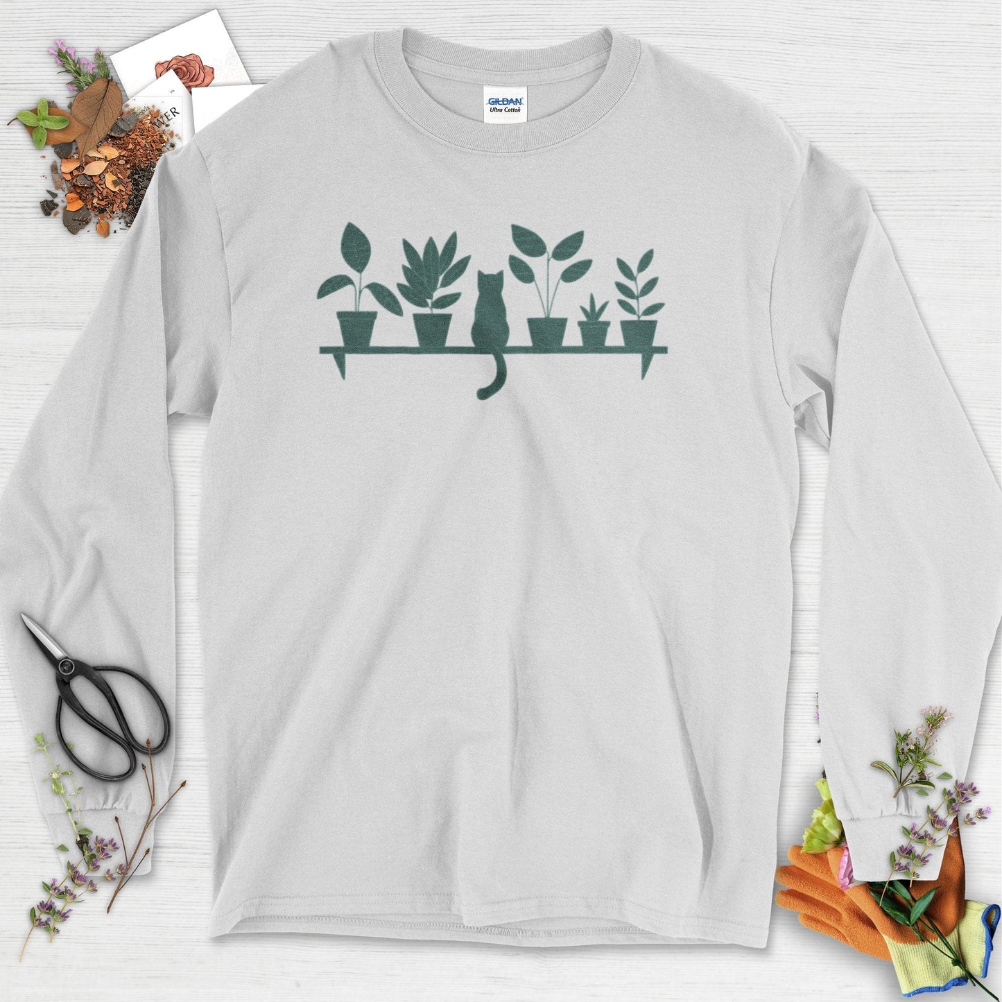 Cat Among Houseplants Long Sleeve Ash / S T-Shirt
