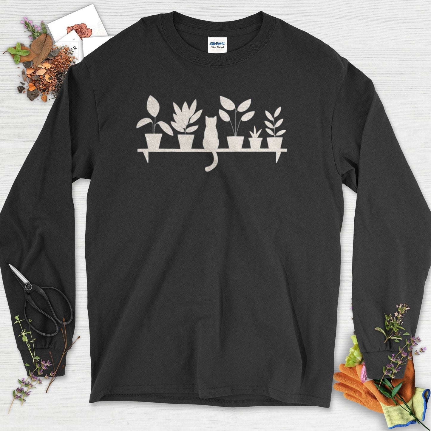 Cat Among Houseplants Long Sleeve Black / S T-Shirt