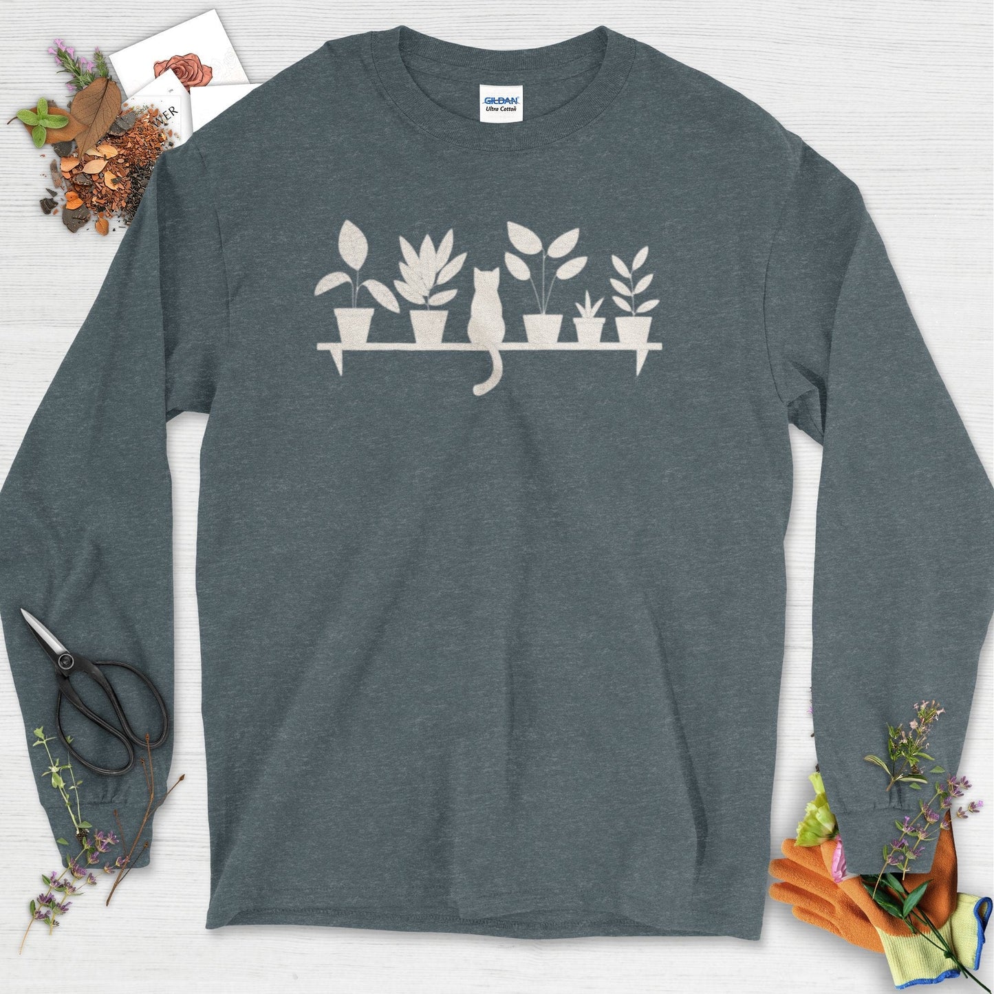 Cat Among Houseplants Long Sleeve Dark Heather / S T-Shirt
