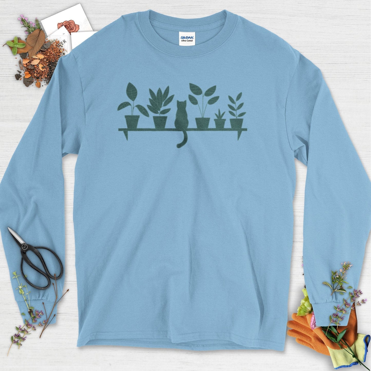 Cat Among Houseplants Long Sleeve Light Blue / S T-Shirt