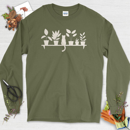 Cat Among Houseplants Long Sleeve Military Green / S T-Shirt
