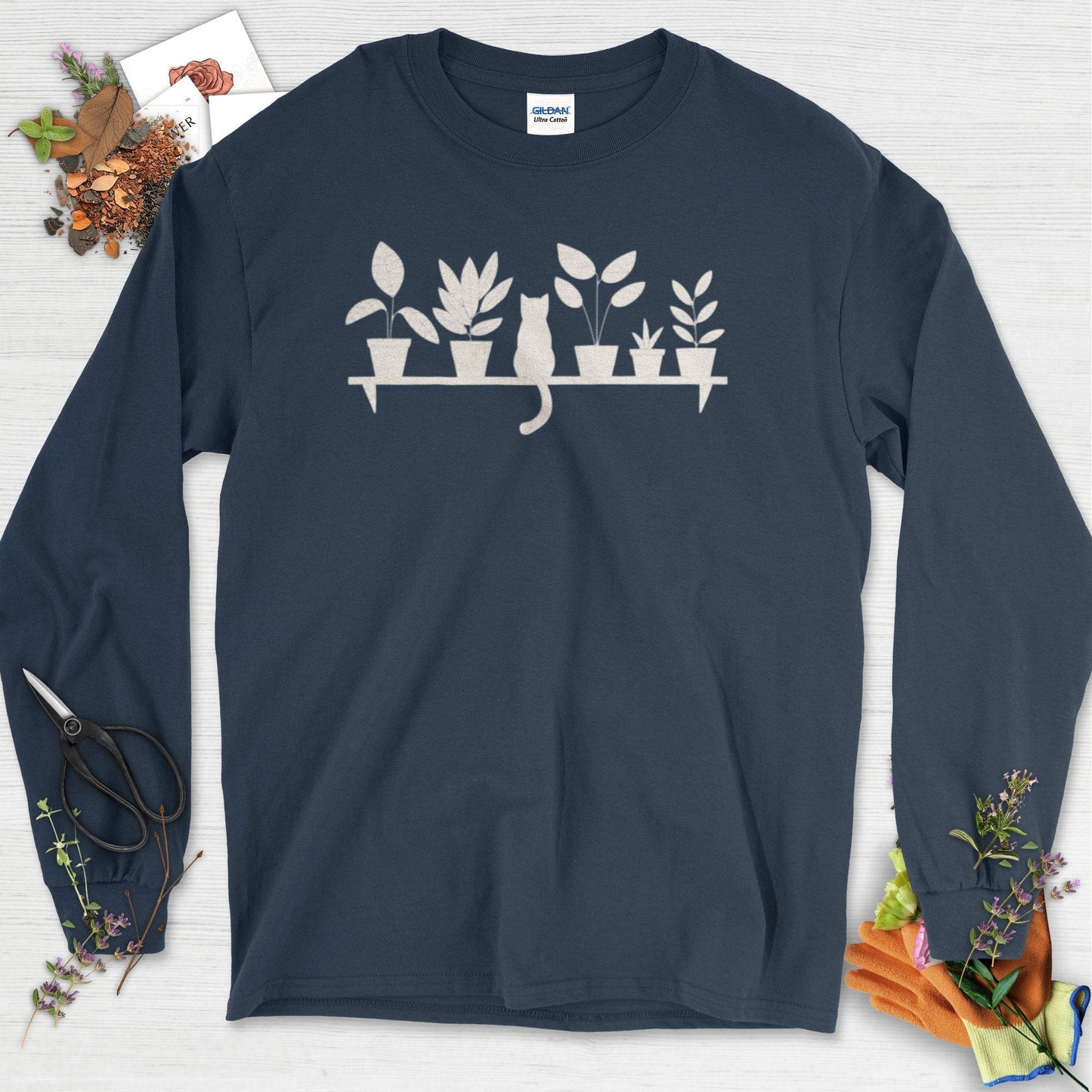 Cat Among Houseplants Long Sleeve Navy / S T-Shirt