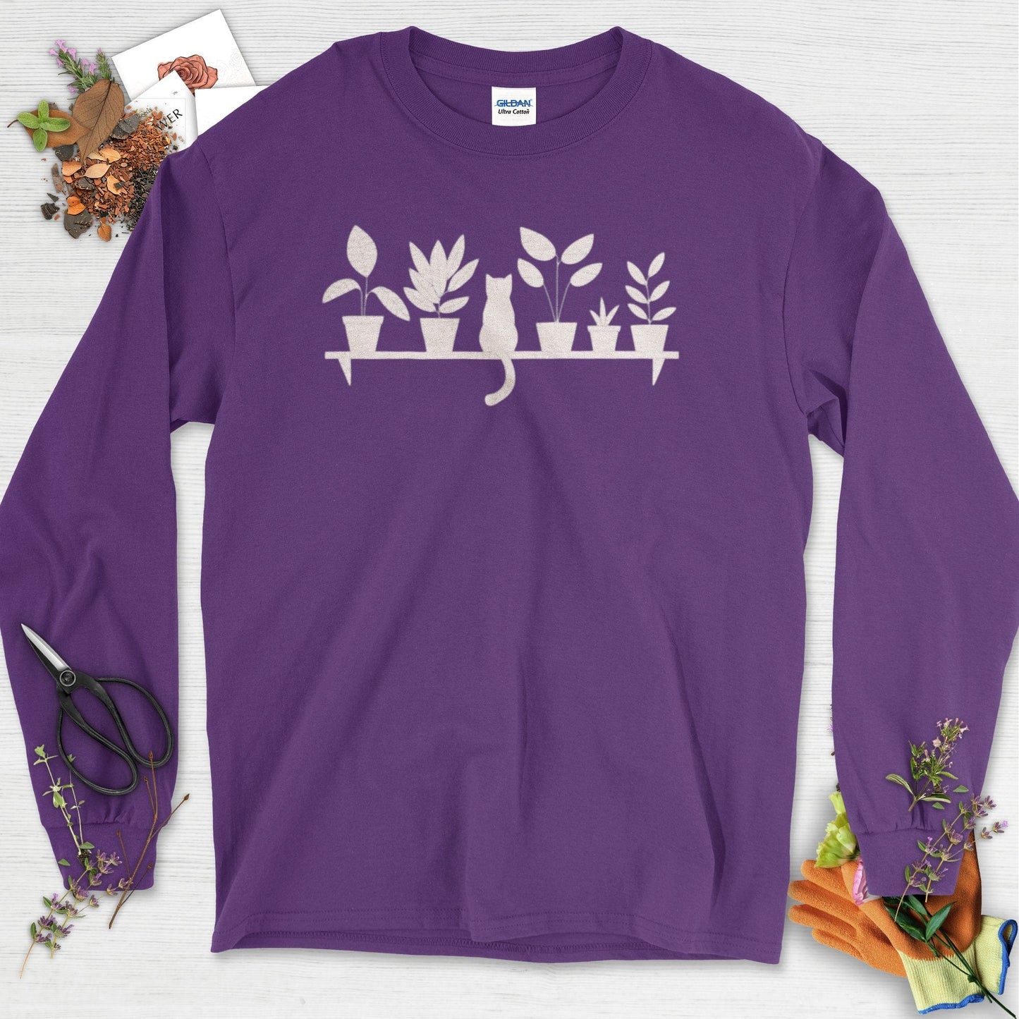 Cat Among Houseplants Long Sleeve Purple / S T-Shirt