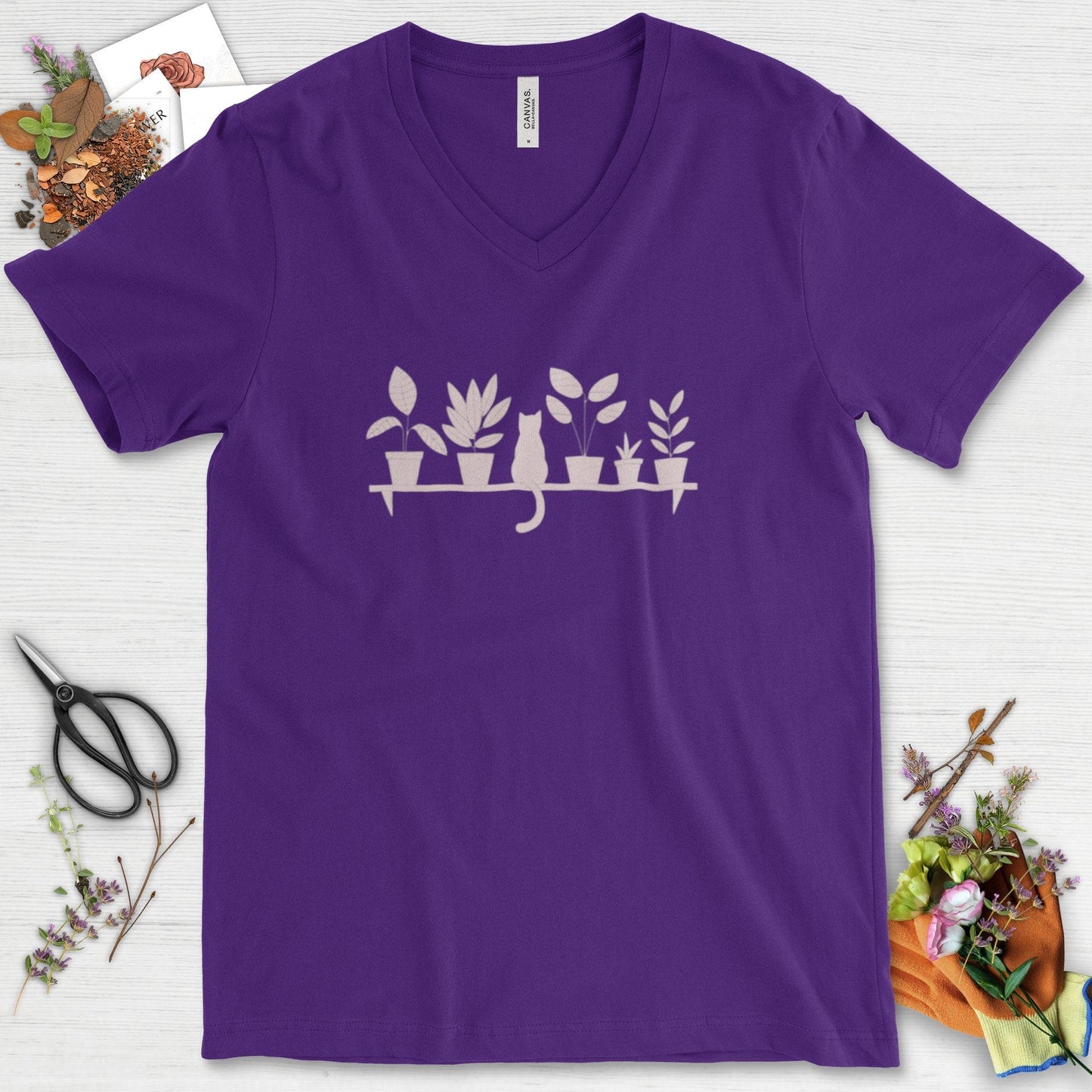 Cat Among Houseplants V-Neck Team Purple / S Physical Item