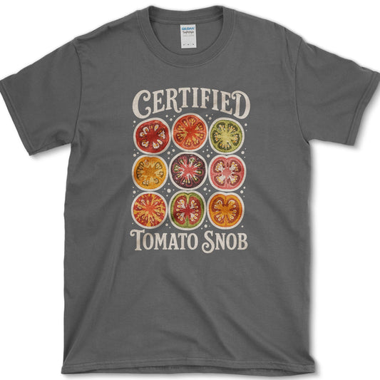 Nine vivid heirloom tomato cross-sections beneath bold Certified Tomato Snob lettering