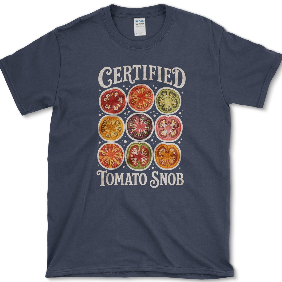 Nine vivid heirloom tomato cross-sections beneath bold Certified Tomato Snob lettering