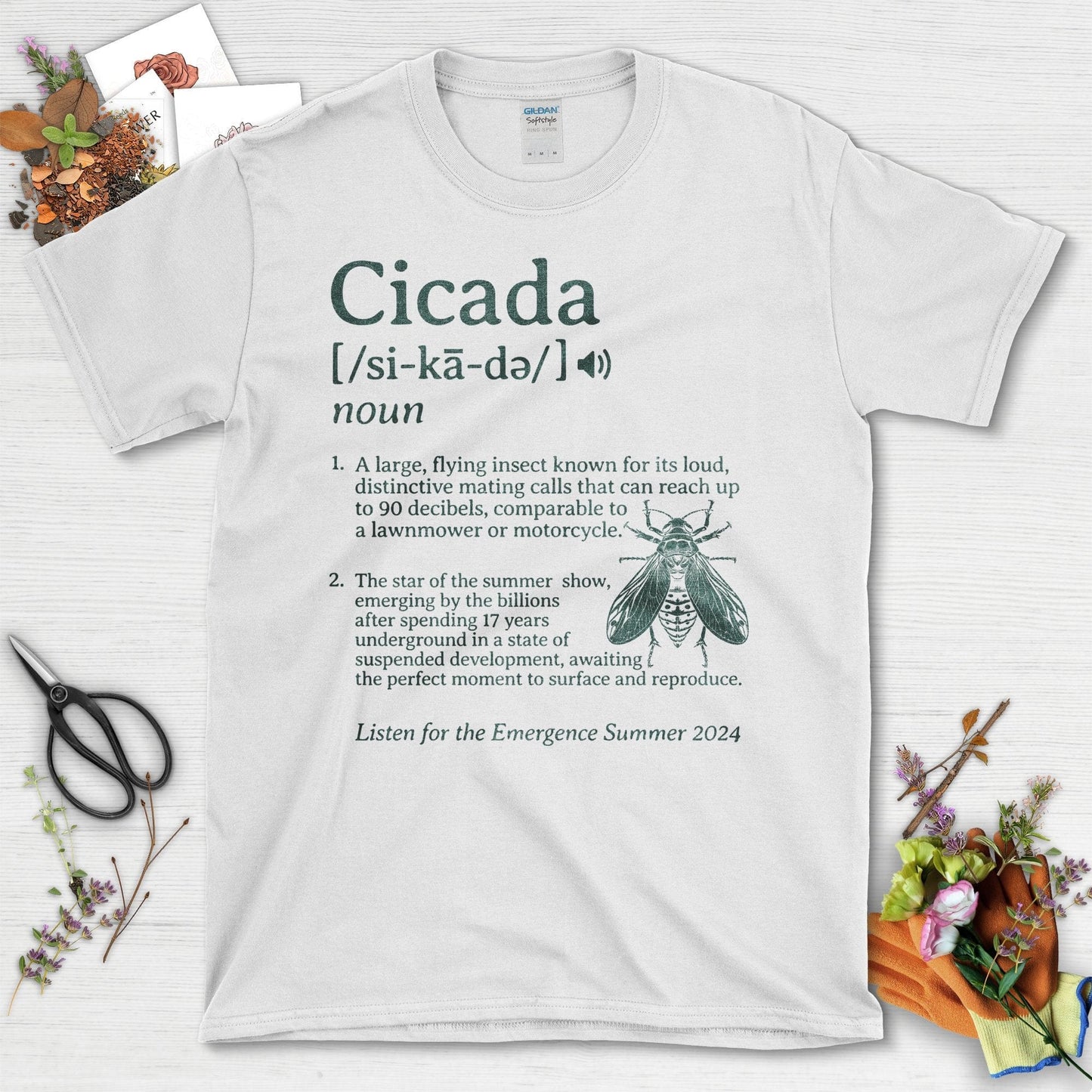 Cicada Insect with Definition Quote and Artwork T-Shirt White / S T-Shirt