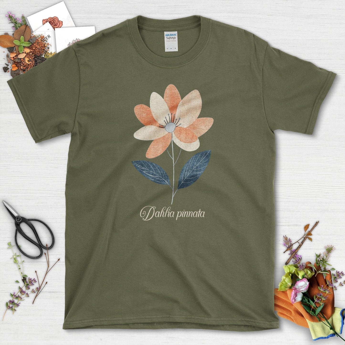 Dahlia Flower Blossom T-Shirt Military Green / S T-Shirt