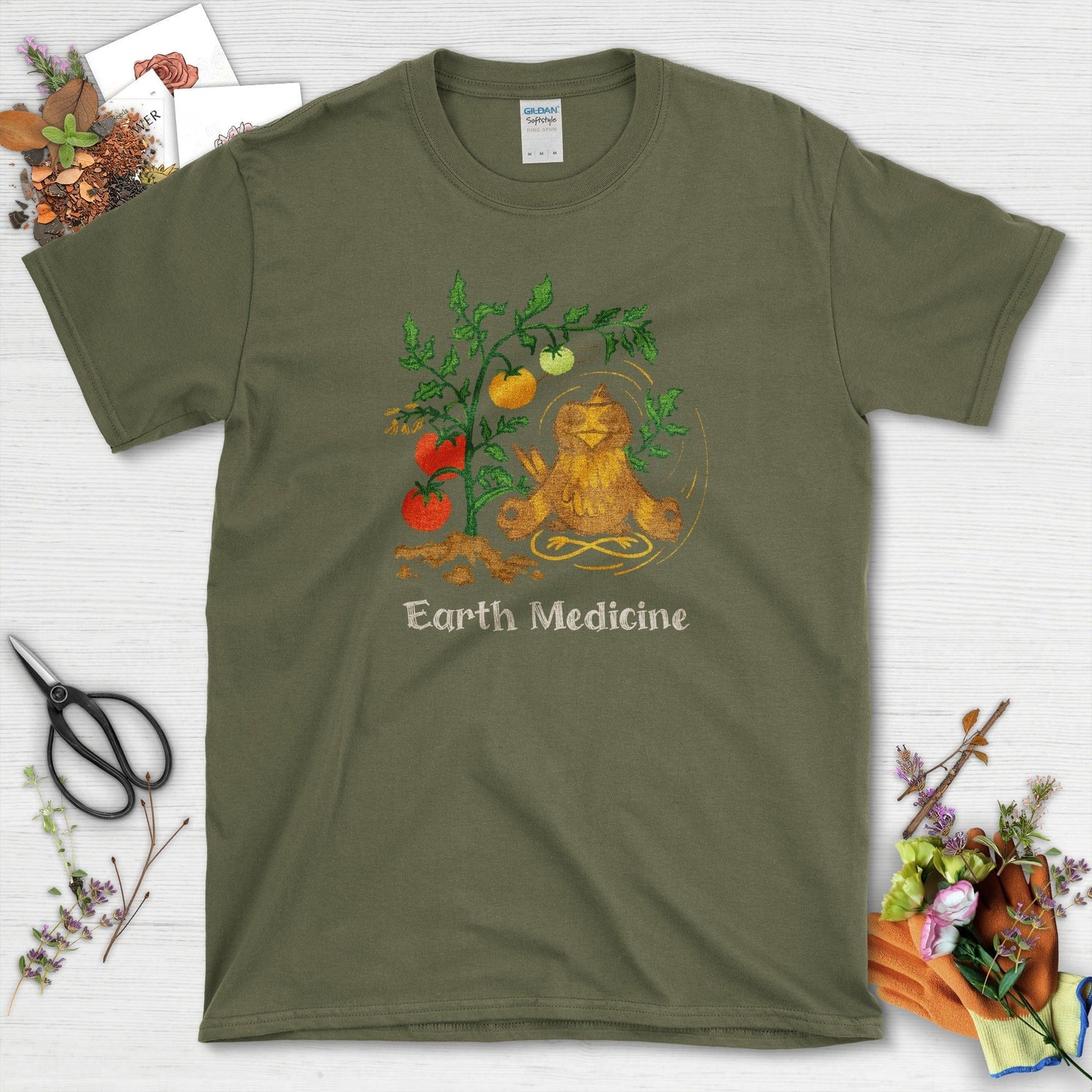 Earth Medicine Bird T-Shirt T-Shirts / S / Military Green Physical Item