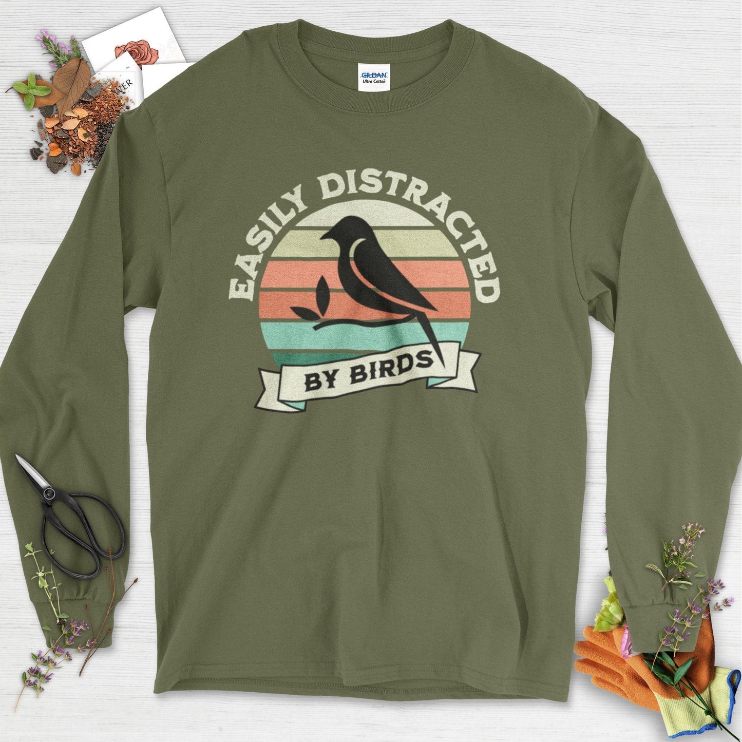 Easily Distracted By Birds Long Sleeve Military Green / S T-Shirt