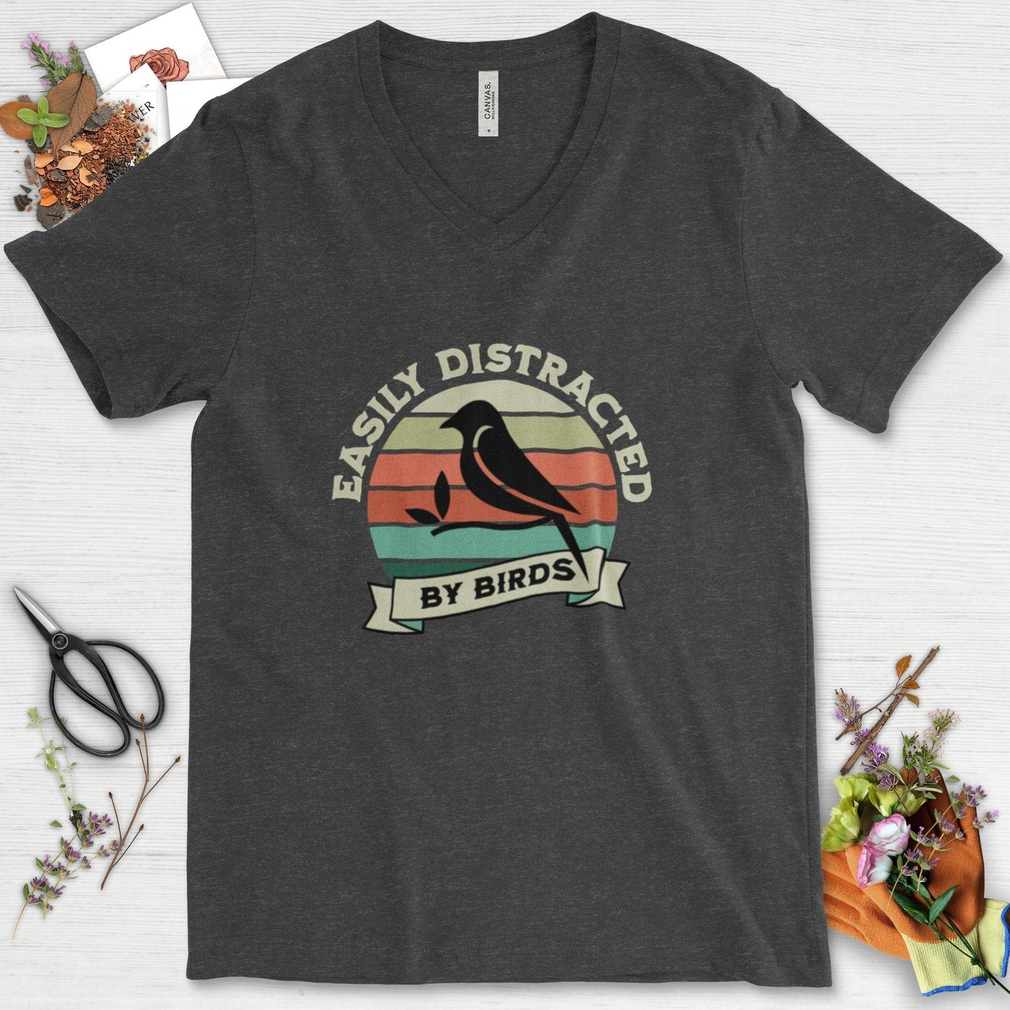 Easily Distracted By Birds V-Neck Dark Grey Heather / S T-Shirt