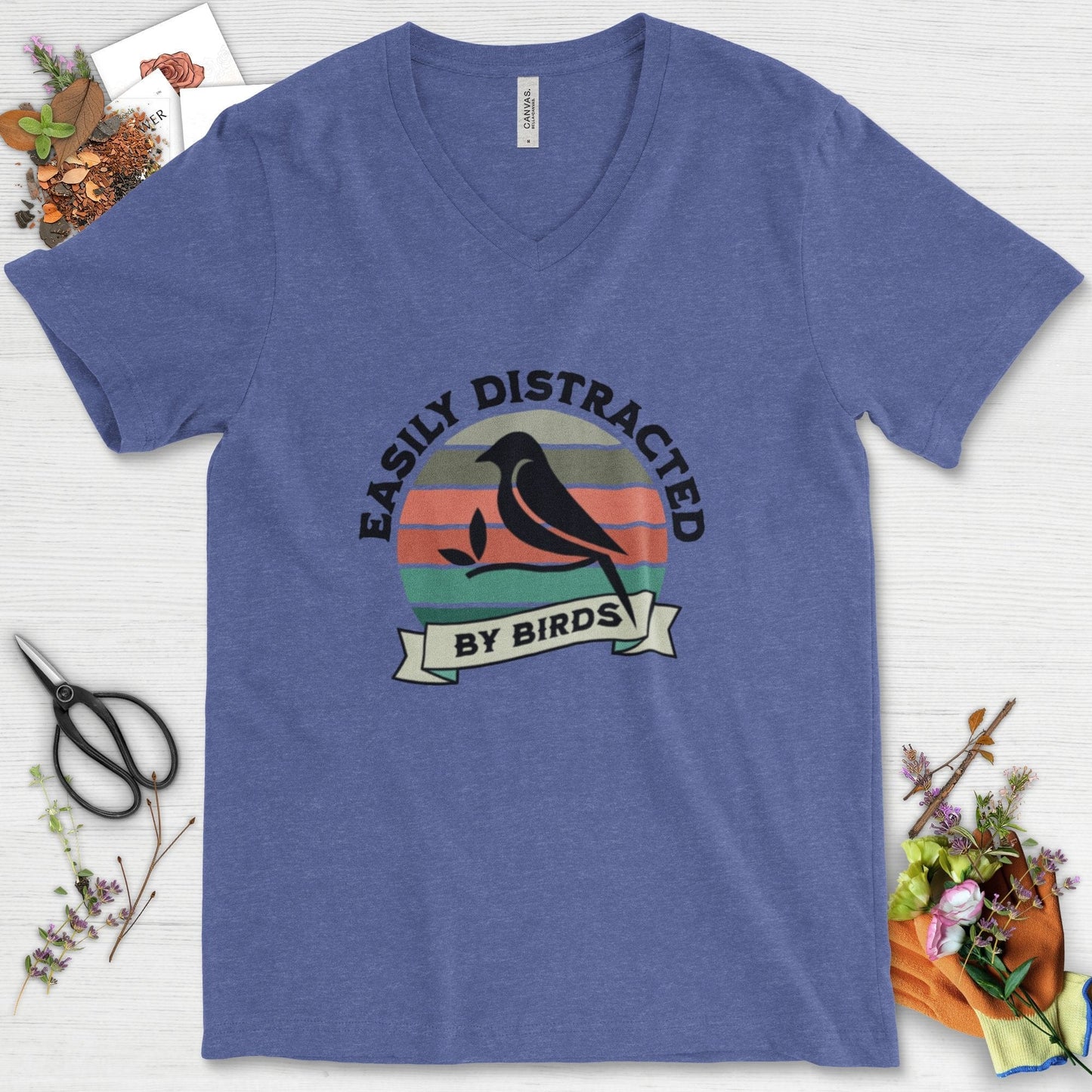 Easily Distracted By Birds V-Neck Heather True Royal / S T-Shirt