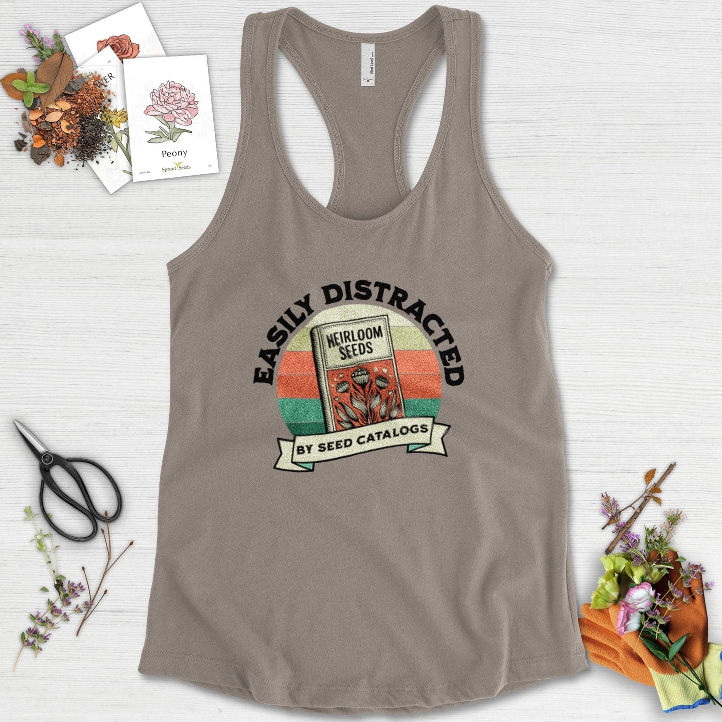 Easily Distracted By Seed Catalogs Racerback Racerback / XS / Warm Grey Physical Item