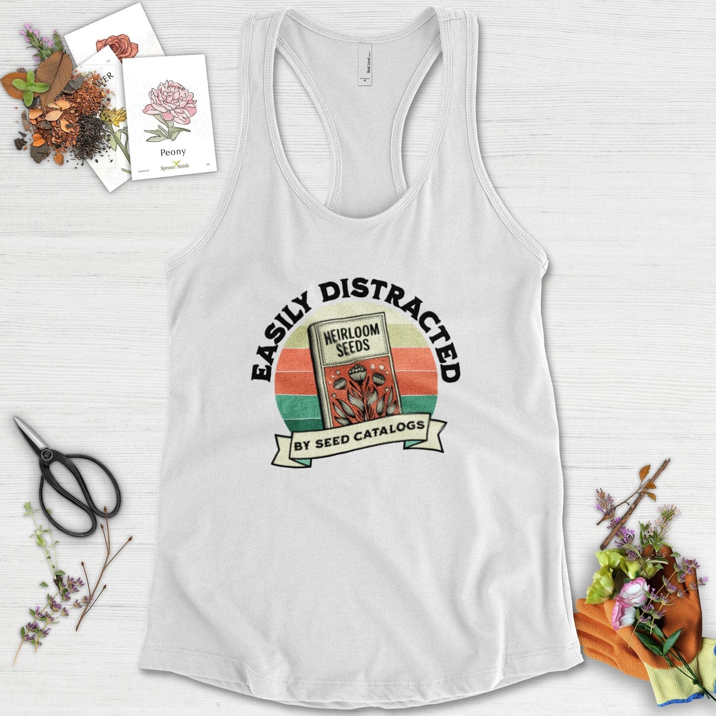 Easily Distracted By Seed Catalogs Racerback Racerback / XS / White Physical Item