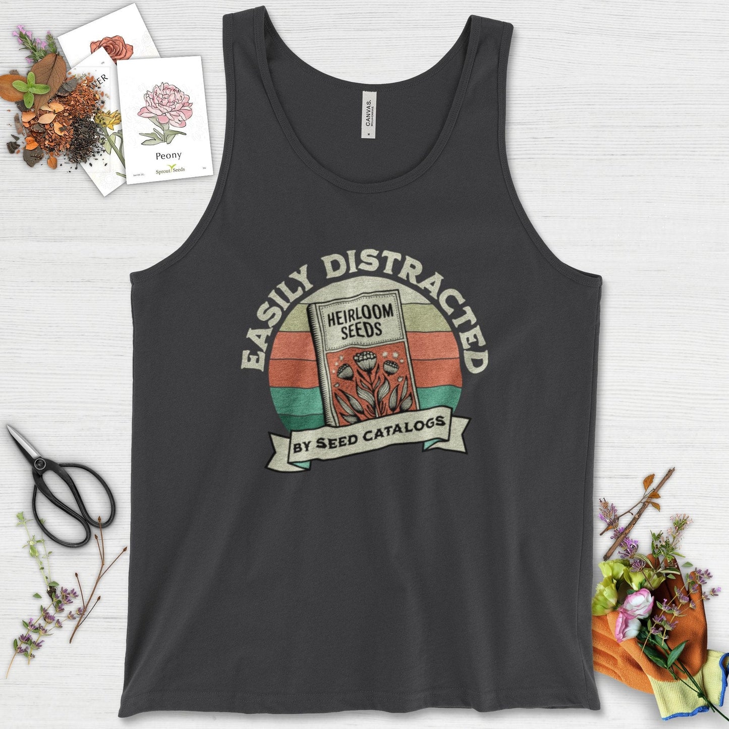 Easily Distracted By Seed Catalogs Tank Top Dark Grey / XS Physical Item