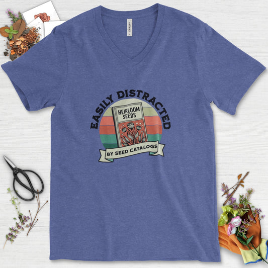Easily Distracted By Seed Catalogs V-Neck Heather True Royal / S T-Shirt