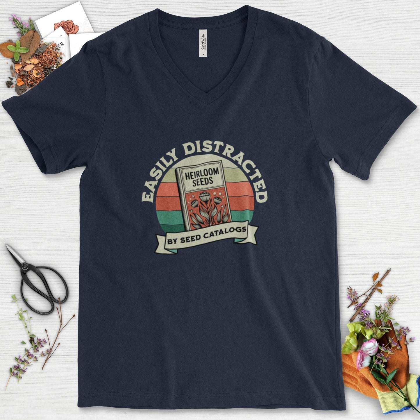 Easily Distracted By Seed Catalogs V-Neck Navy / S T-Shirt
