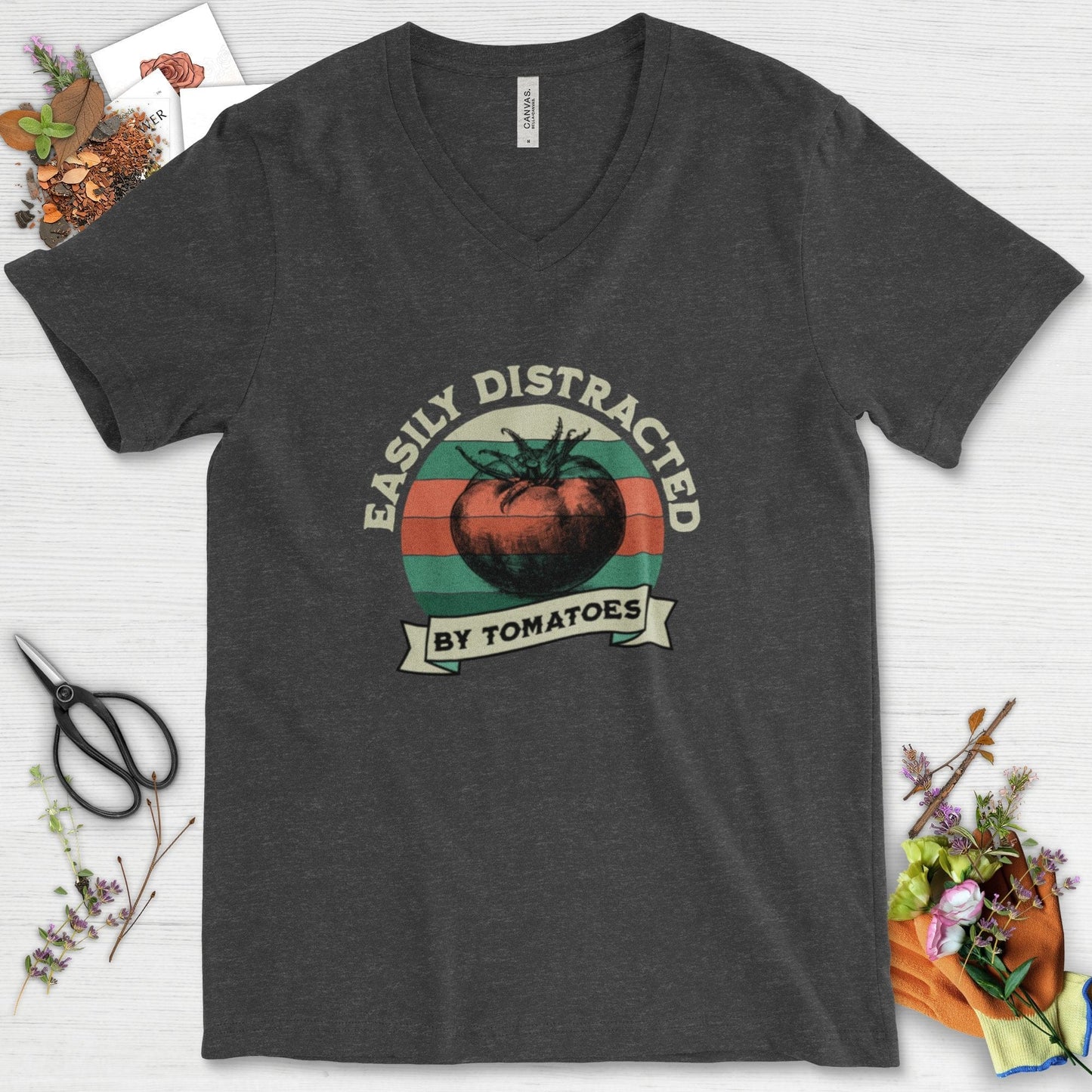 Easily Distracted By Tomatoes V-Neck Dark Grey Heather / S T-Shirt