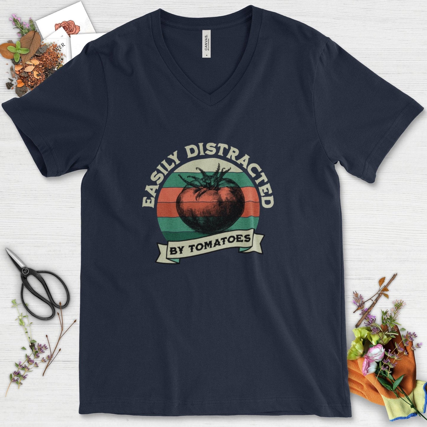 Easily Distracted By Tomatoes V-Neck Navy / S T-Shirt