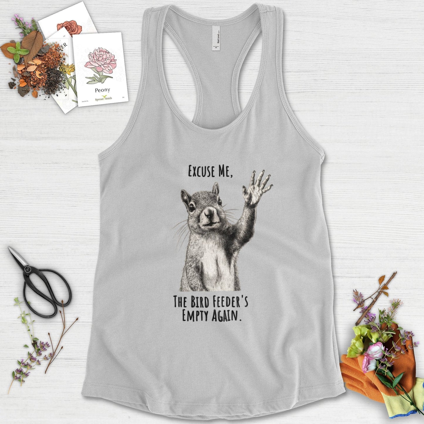 Excuse Me, Bird Feeder's Empty Racerback Racerback / XS / Heather Grey Physical Item