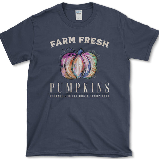 Painterly striped pumpkin in peach, lavender, blue, and green beneath Farm Fresh Pumpkins lettering