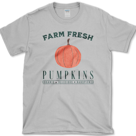 Simple coral pumpkin beneath Farm Fresh Pumpkins lettering in a clean vintage market layout