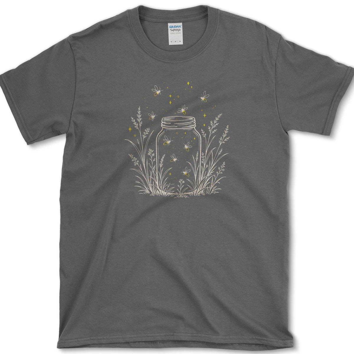 Open mason jar among slender garden stems with small glowing fireflies drifting inside and around it