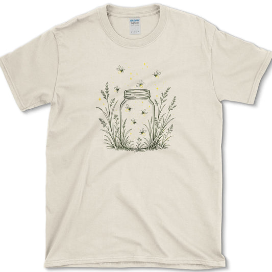 Open mason jar among slender garden stems with small glowing fireflies drifting inside and around it