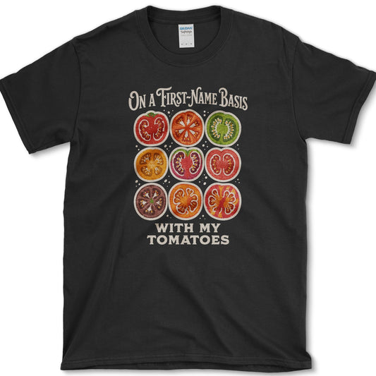 Nine colorful tomato cross-sections between On a First-Name Basis and With My Tomatoes lettering