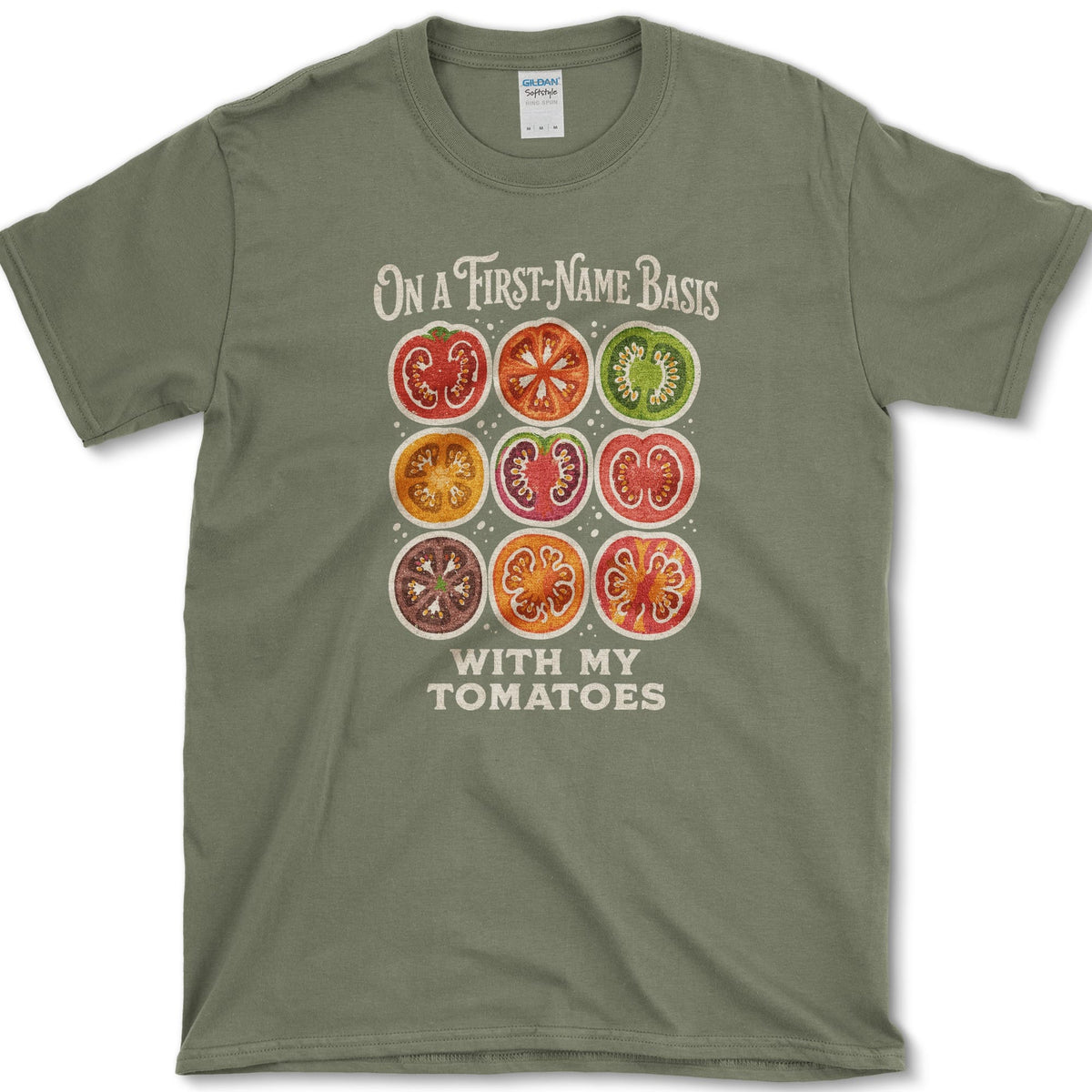 Nine colorful tomato cross-sections between On a First-Name Basis and With My Tomatoes lettering