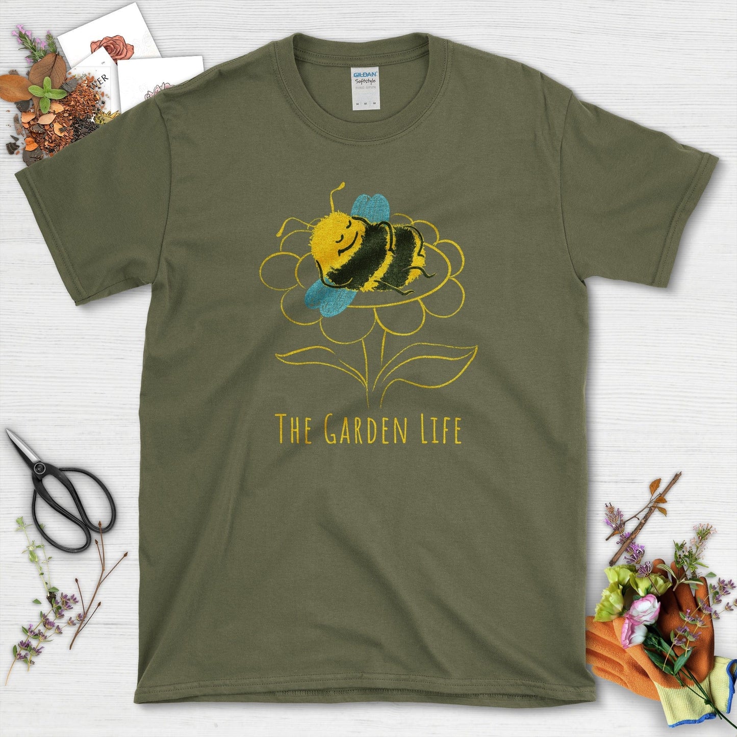 Garden Life Napping Bee T-Shirt T-Shirts / S / Military Green Physical Item