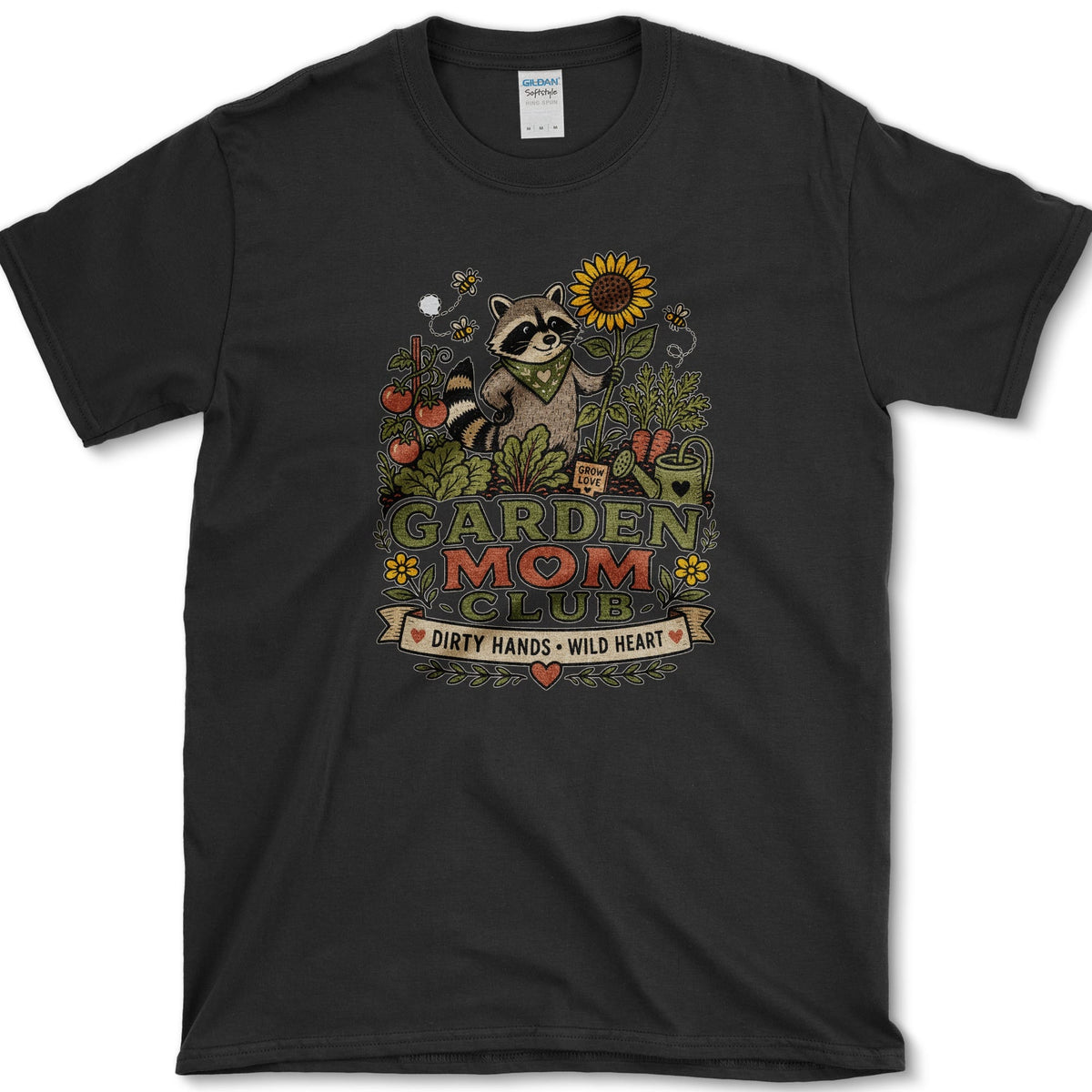 Raccoon wearing a bandana and holding a sunflower and trowel among tomatoes, bees, and Garden Mom Club lettering