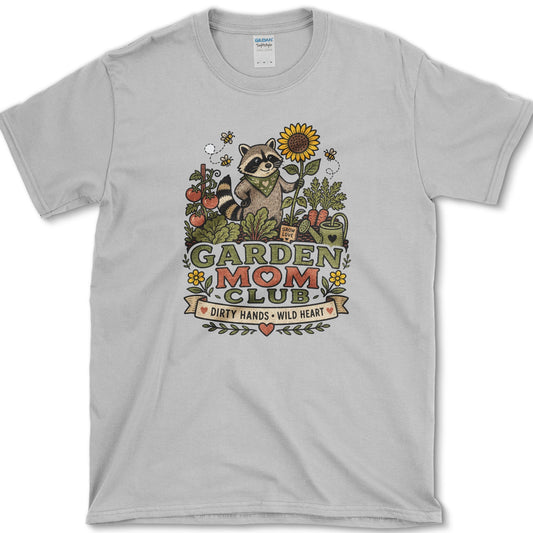 Raccoon wearing a bandana and holding a sunflower and trowel among tomatoes, bees, and Garden Mom Club lettering